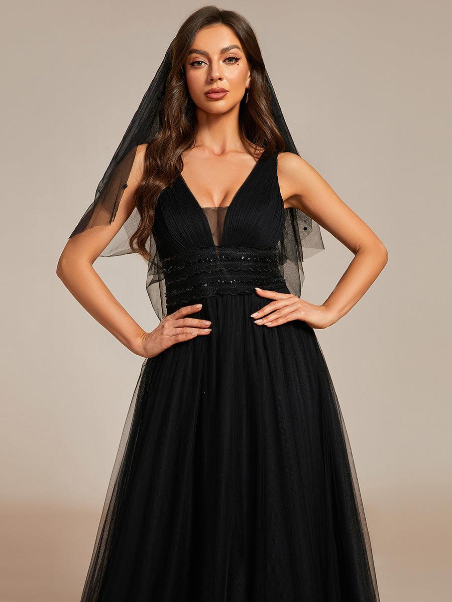 Robe de mariée longue sans manches en V profond et dos bas #Couleur_Noir