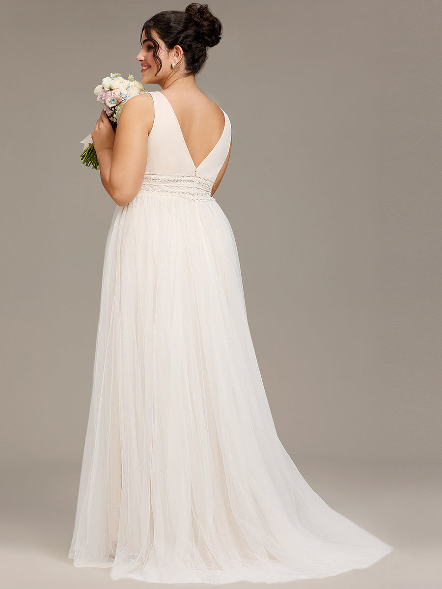 Robe de mariée longue sans manches V profond Grande taille #Couleur_Ivory
