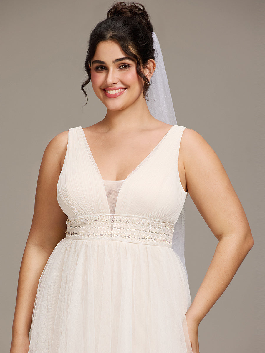Robe de mariée longue sans manches V profond Grande taille #Couleur_Ivory