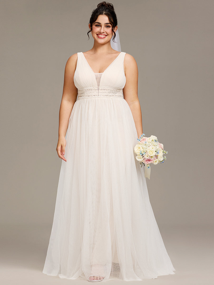 Robe de mariée longue sans manches V profond Grande taille #Couleur_Ivory