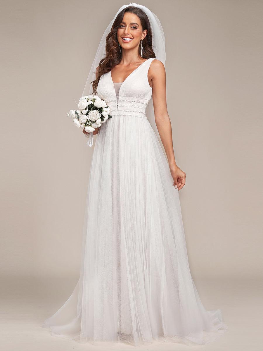 Robe de mariée longue sans manches en V profond et dos bas #Couleur_Ivory