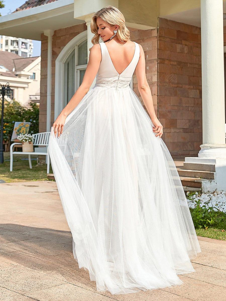 Robe de mariée longue sans manches en V profond et dos bas #Couleur_Ivory