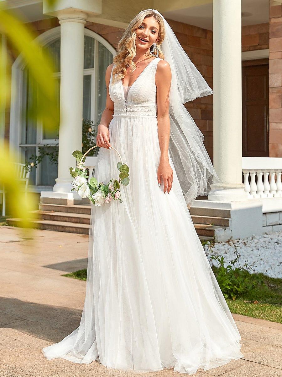 Robe de mariée longue sans manches en V profond et dos bas #Couleur_Ivory