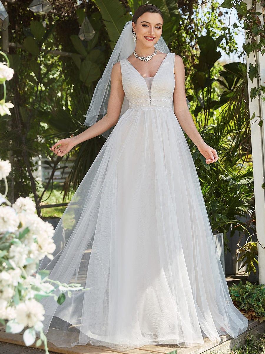 Robe de mariée longue sans manches en V profond et dos bas #Couleur_Ivory