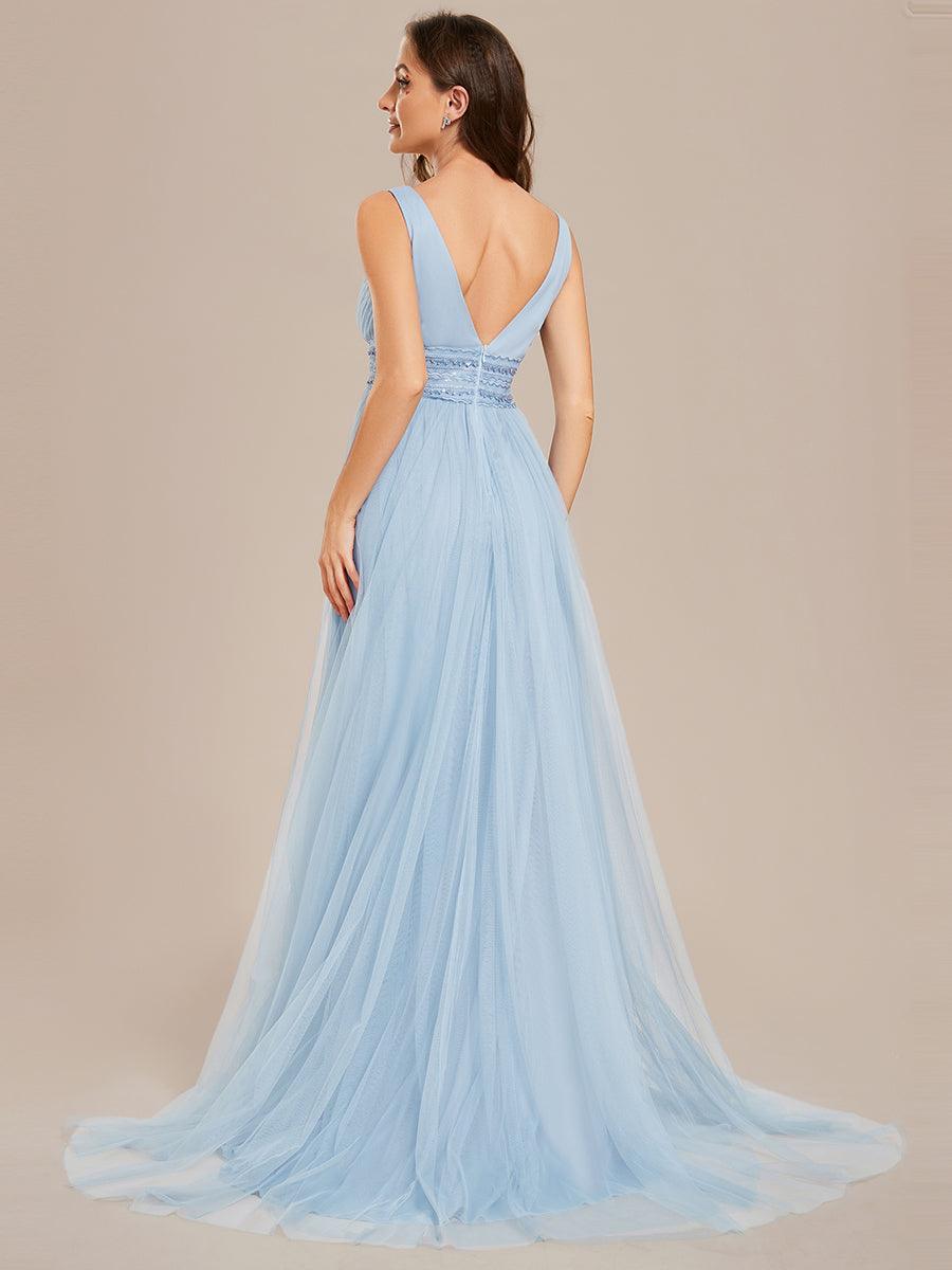 Robe de mariée longue sans manches en V profond et dos bas #Couleur_Bleu Clair