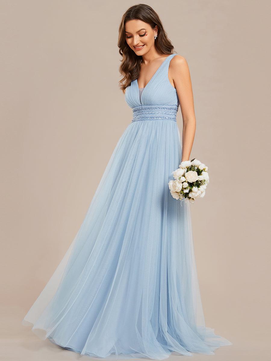 Robe de mariée longue sans manches en V profond et dos bas #Couleur_Bleu Clair