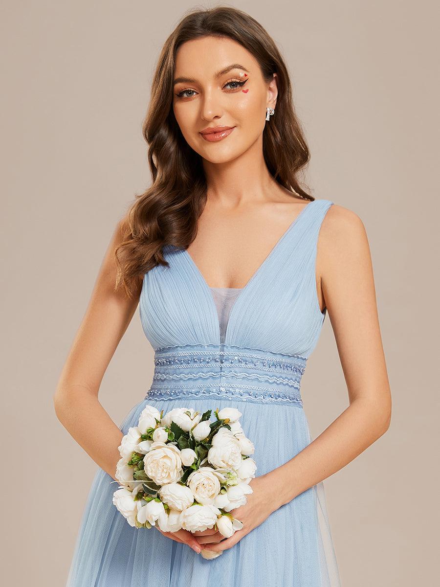 Robe de mariée longue sans manches en V profond et dos bas #Couleur_Bleu Clair