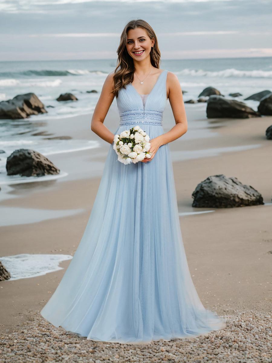 Robe de mariée longue sans manches en V profond et dos bas #Couleur_Bleu Clair