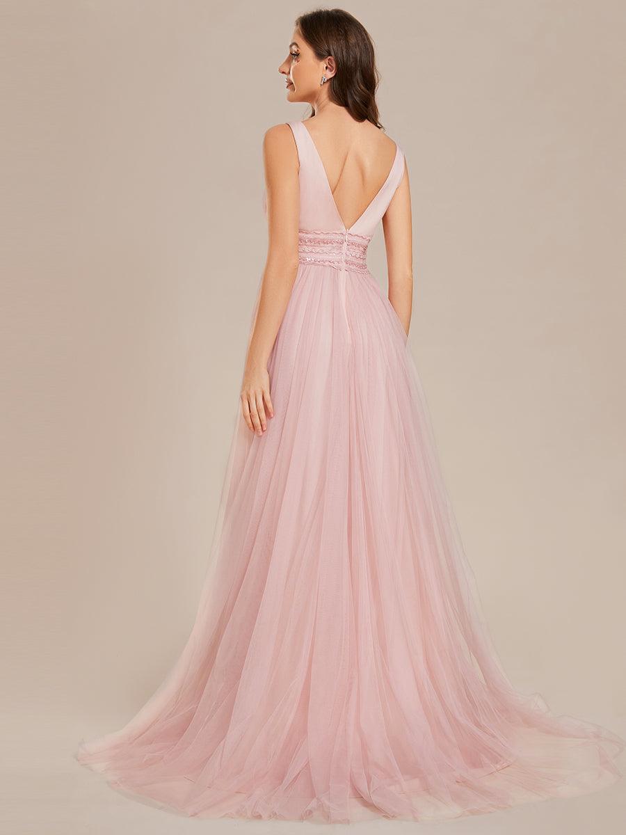 Robe de mariée longue sans manches en V profond et dos bas #Couleur_Rose