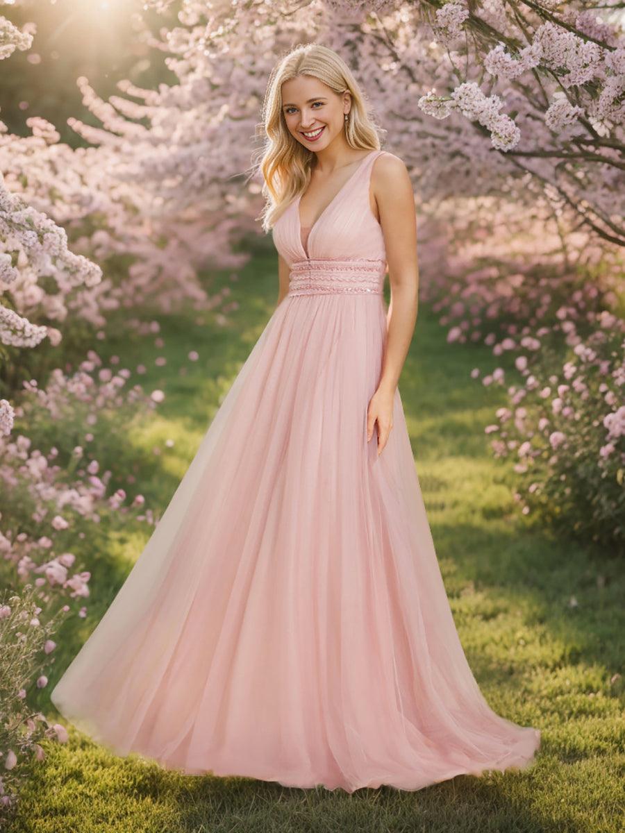 Robe de mariée longue sans manches en V profond et dos bas #Couleur_Rose