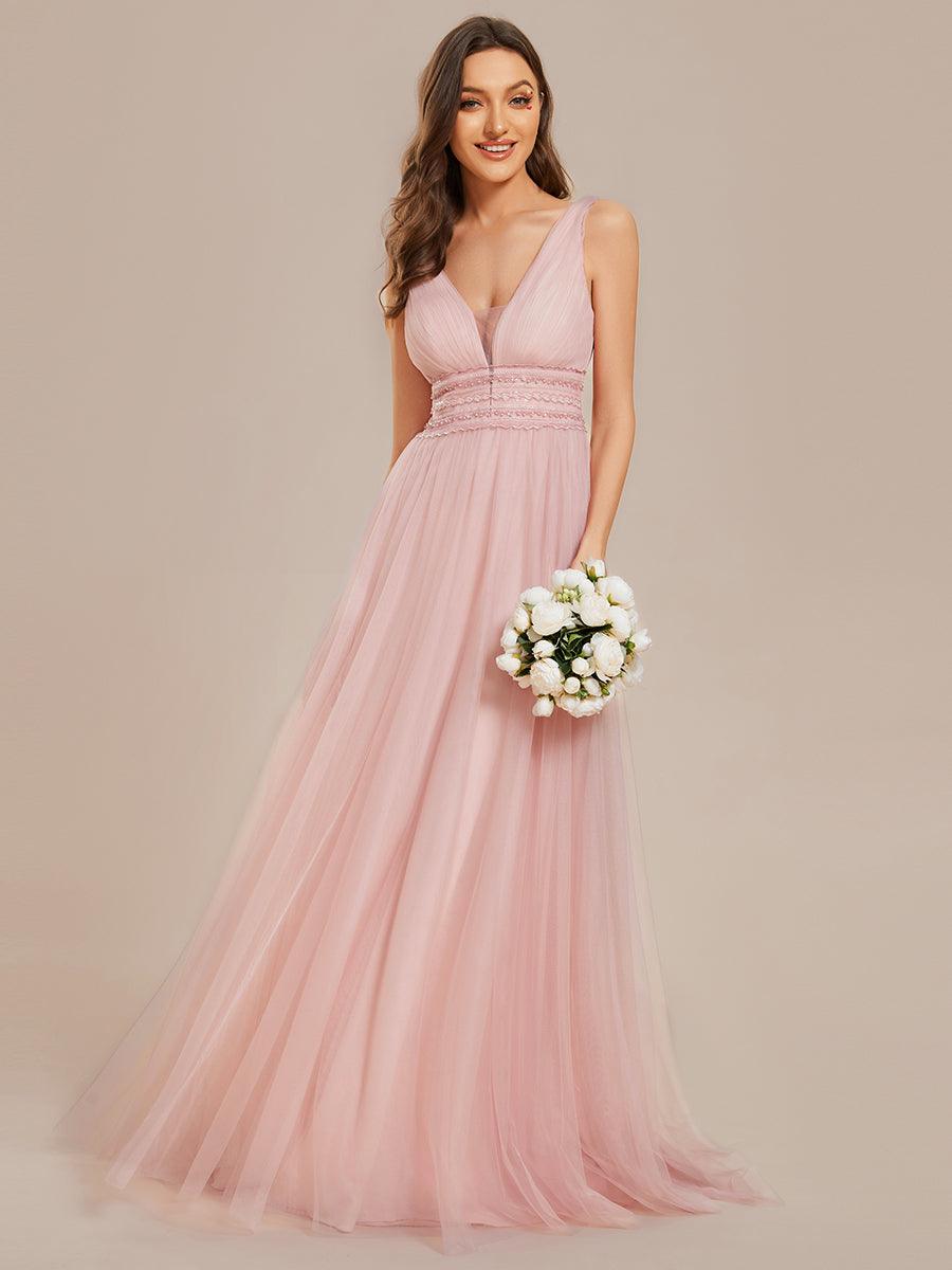 Robe de mariée longue sans manches en V profond et dos bas #Couleur_Rose