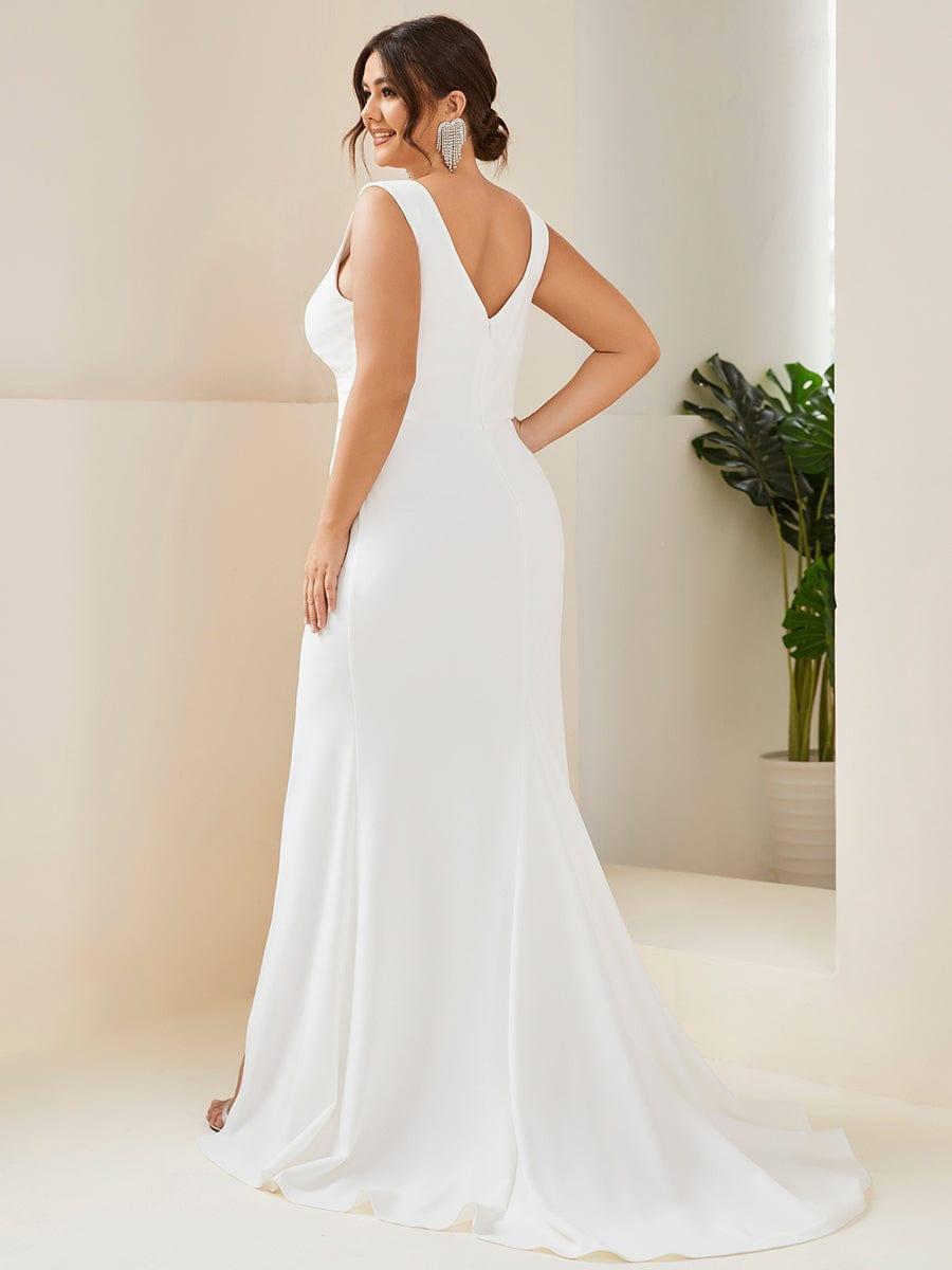 Robe de Mariée Simple Col en V Profond Grande Taille Sans Manches #Couleur_White