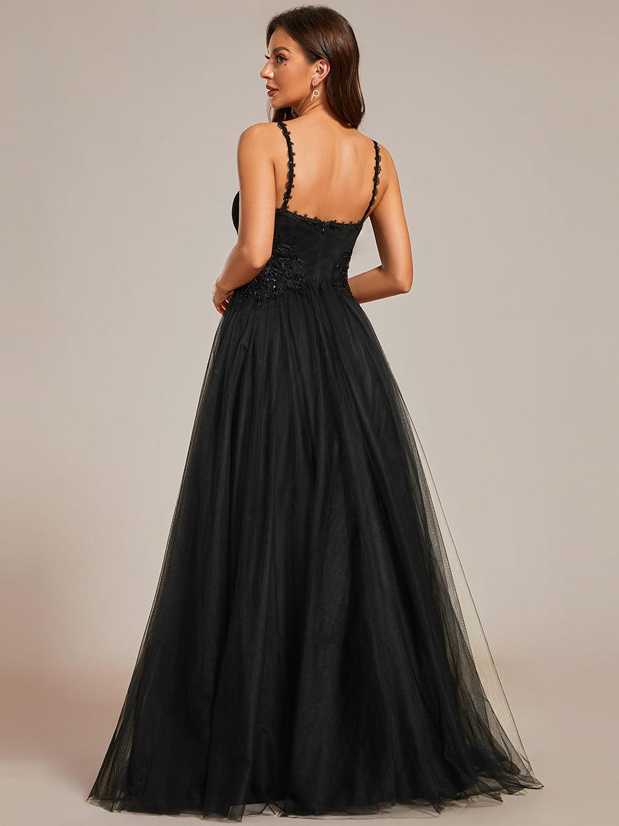 Robe de mariée A-ligne à encolure en V brodée à bretelles spaghetti #Couleur_Noir