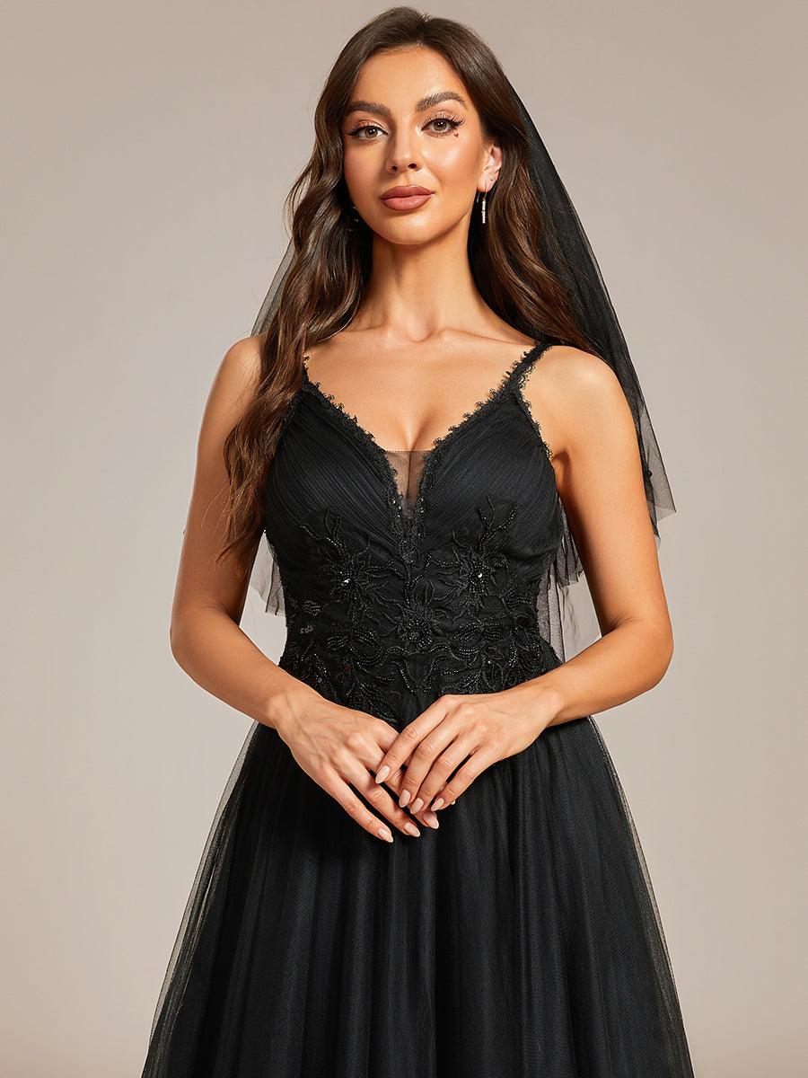 Robe de mariée A-ligne à encolure en V brodée à bretelles spaghetti #Couleur_Noir