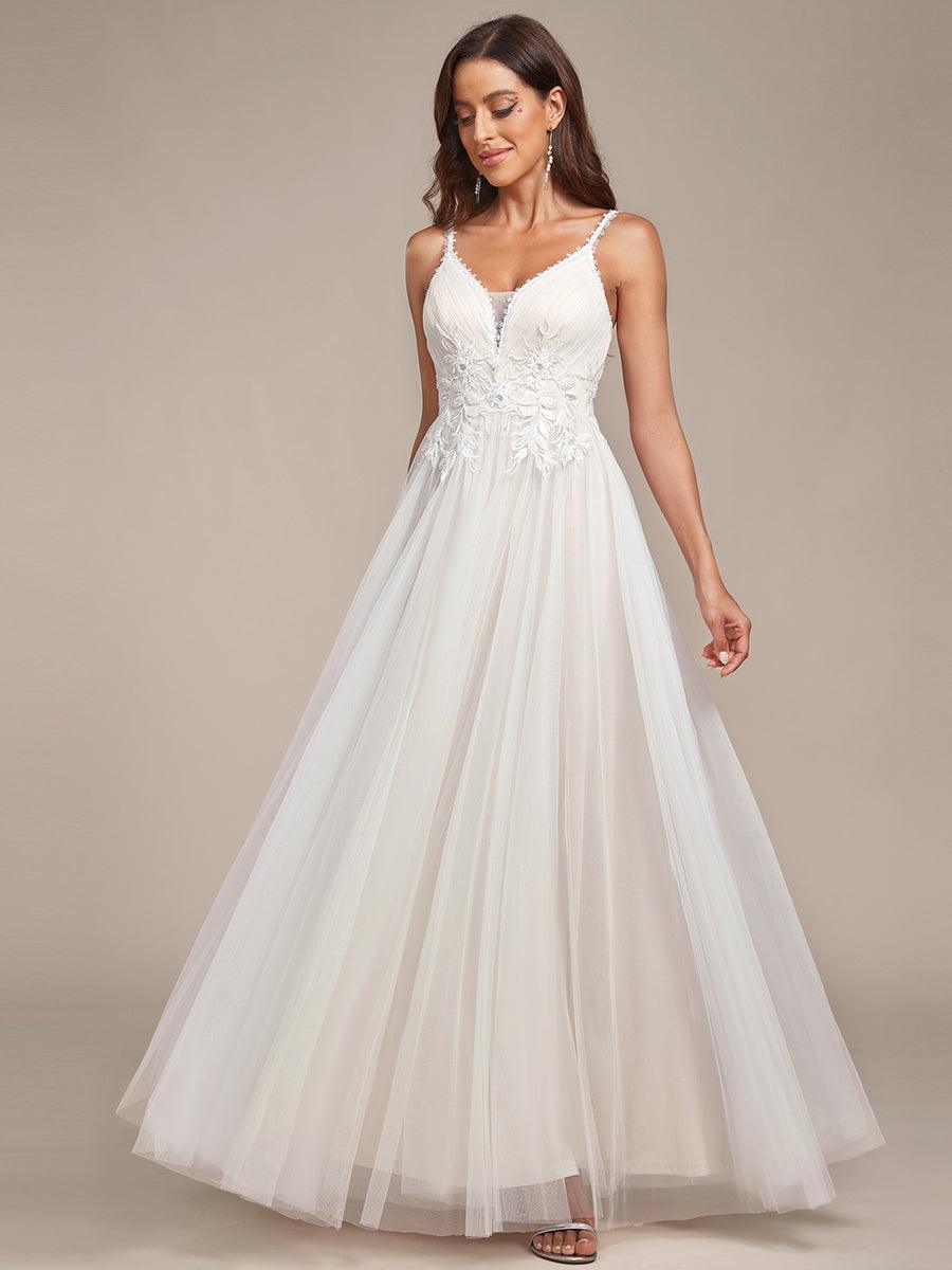 Robe de mariée A-ligne à encolure en V brodée à bretelles spaghetti #Couleur_Ivory