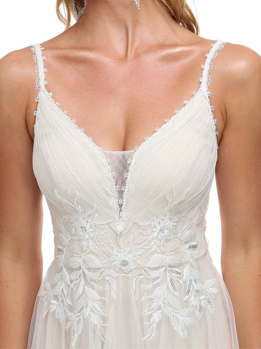 Robe de mariée A-ligne à encolure en V brodée à bretelles spaghetti #Couleur_Ivory