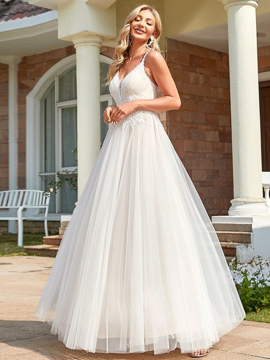 Robe de mariée A-ligne à encolure en V brodée à bretelles spaghetti #Couleur_Ivory