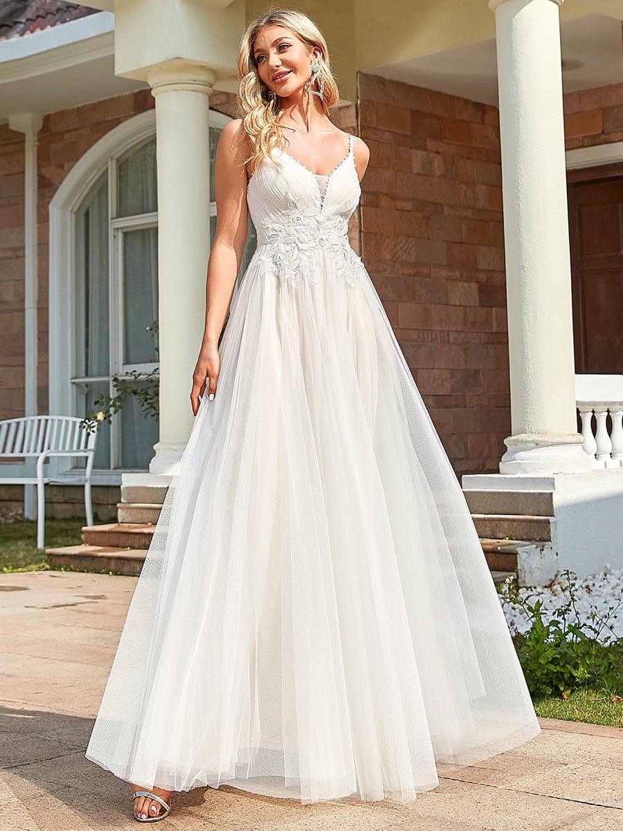 Robe de mariée A-ligne à encolure en V brodée à bretelles spaghetti #Couleur_Ivory
