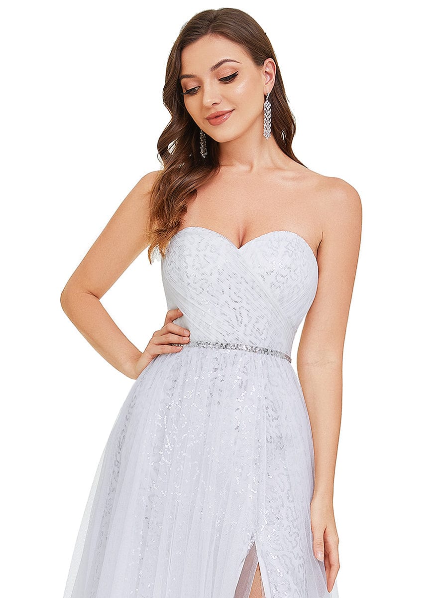 Robe de mariée fendue sur le côté sans manches en dentelle #Couleur_Blanc Robe de mariée fendue sur le côté sans manches en dentelle