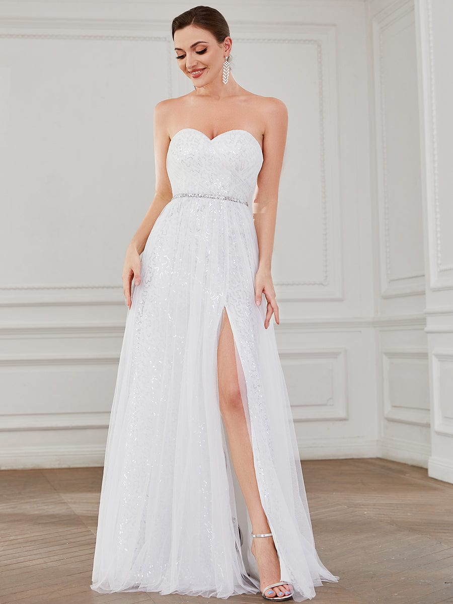 Robe de mariée fendue sur le côté sans manches en dentelle #Couleur_Blanc Robe de mariée fendue sur le côté sans manches en dentelle