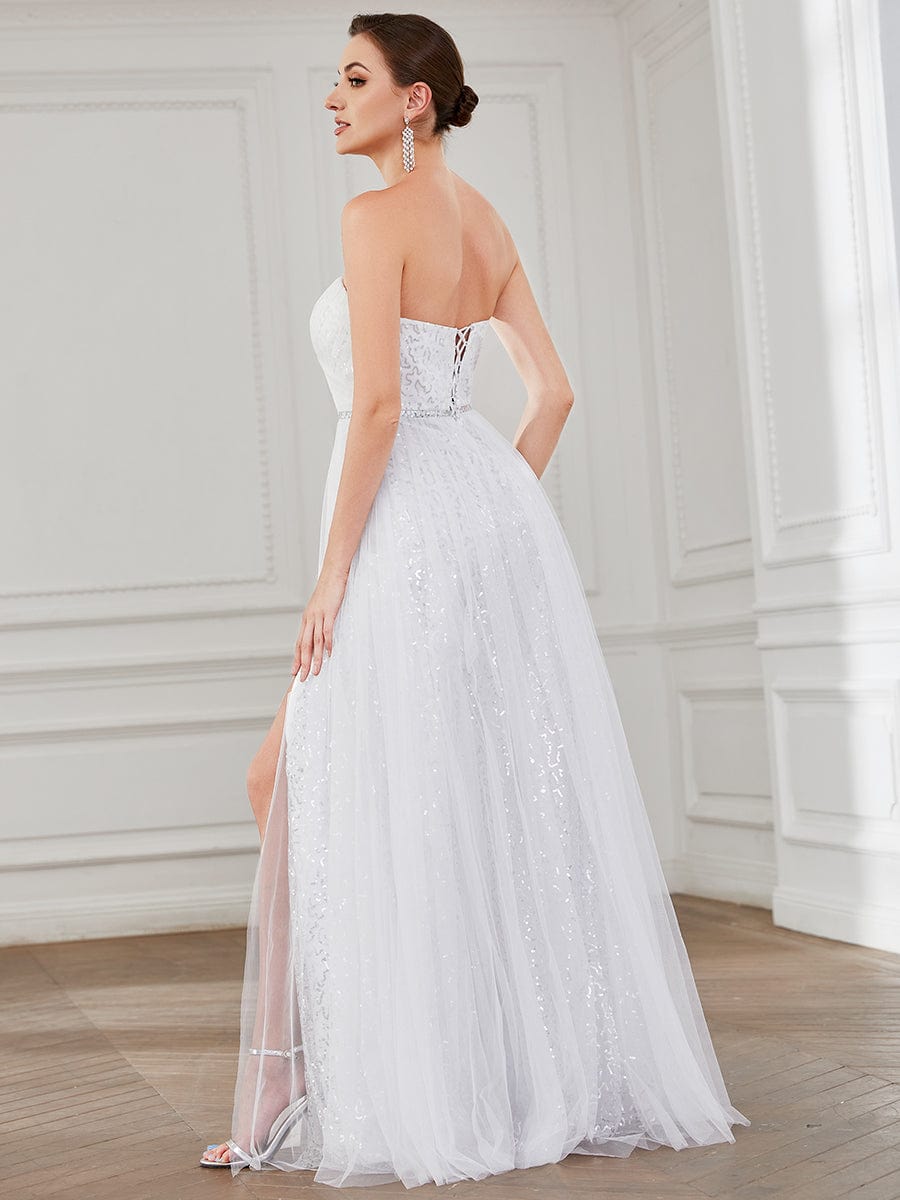 Robe de mariée fendue sur le côté sans manches en dentelle #Couleur_Blanc Robe de mariée fendue sur le côté sans manches en dentelle