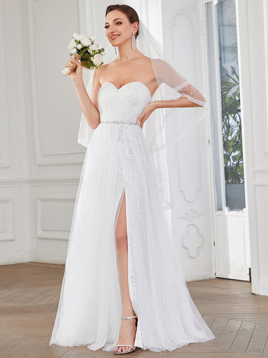 Robe de mariée fendue sur le côté sans manches en dentelle #Couleur_Blanc Robe de mariée fendue sur le côté sans manches en dentelle