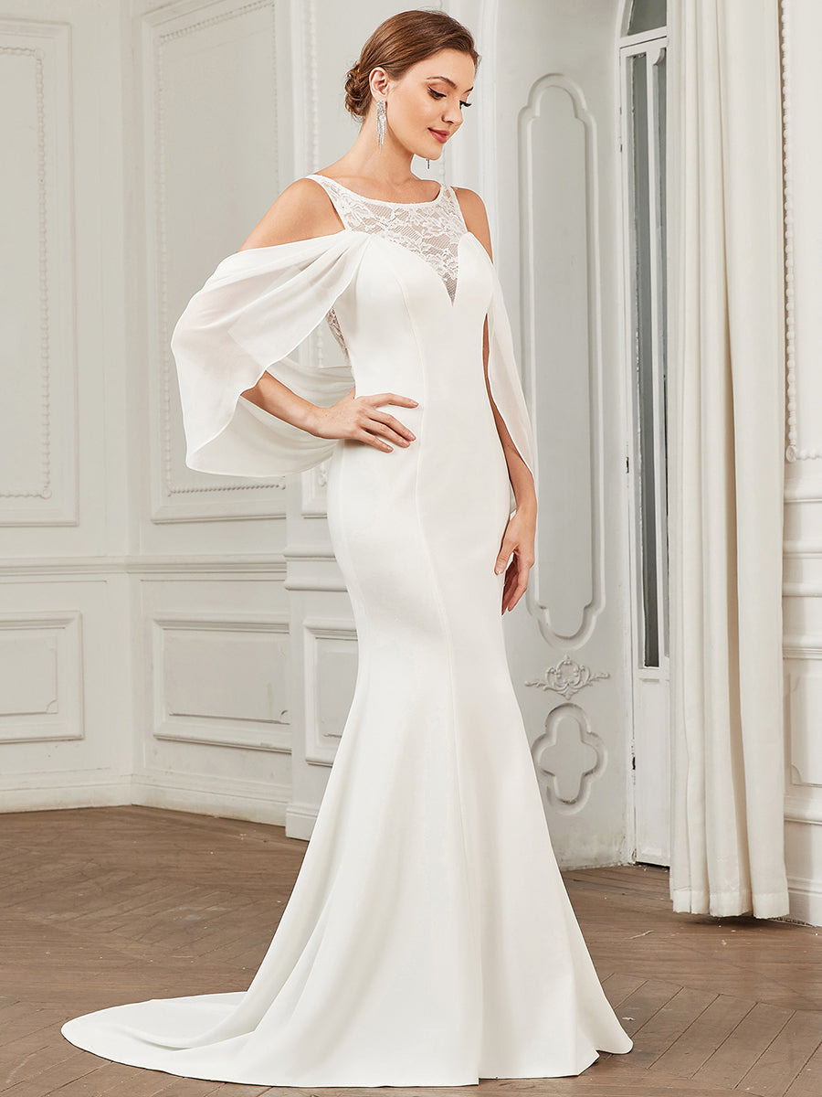 Robe de mariée Mousseline Épaules dénudées Manches drapées Dentelle #Couleur_Blanc Robe de mariée Mousseline Épaules dénudées Manches drapées Dentelle