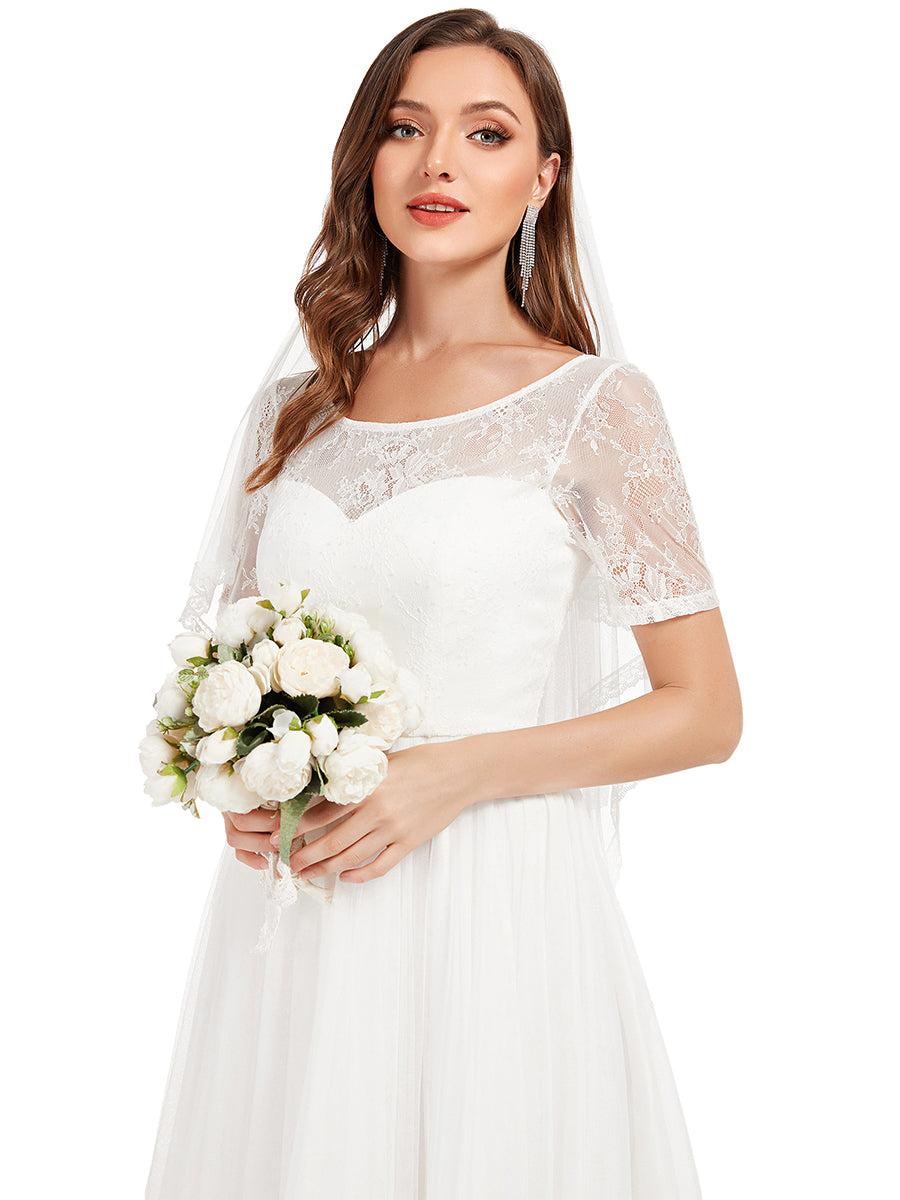 Robe de mariée A-ligne à lacets et corset à manches courtes #Couleur_Blanc Robe de mariée A-ligne à lacets et corset à manches courtes