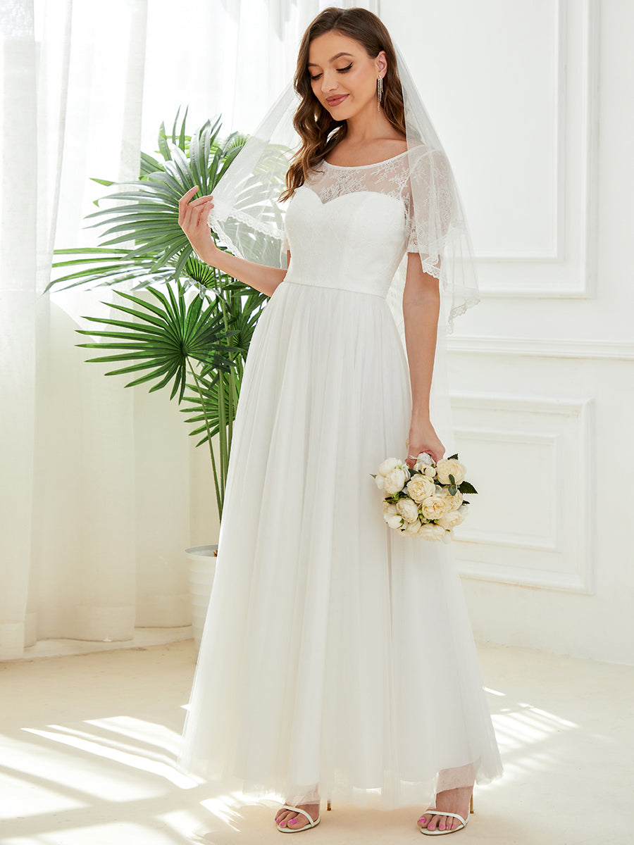 Robe de mariée A-ligne à lacets et corset à manches courtes #Couleur_Blanc Robe de mariée A-ligne à lacets et corset à manches courtes