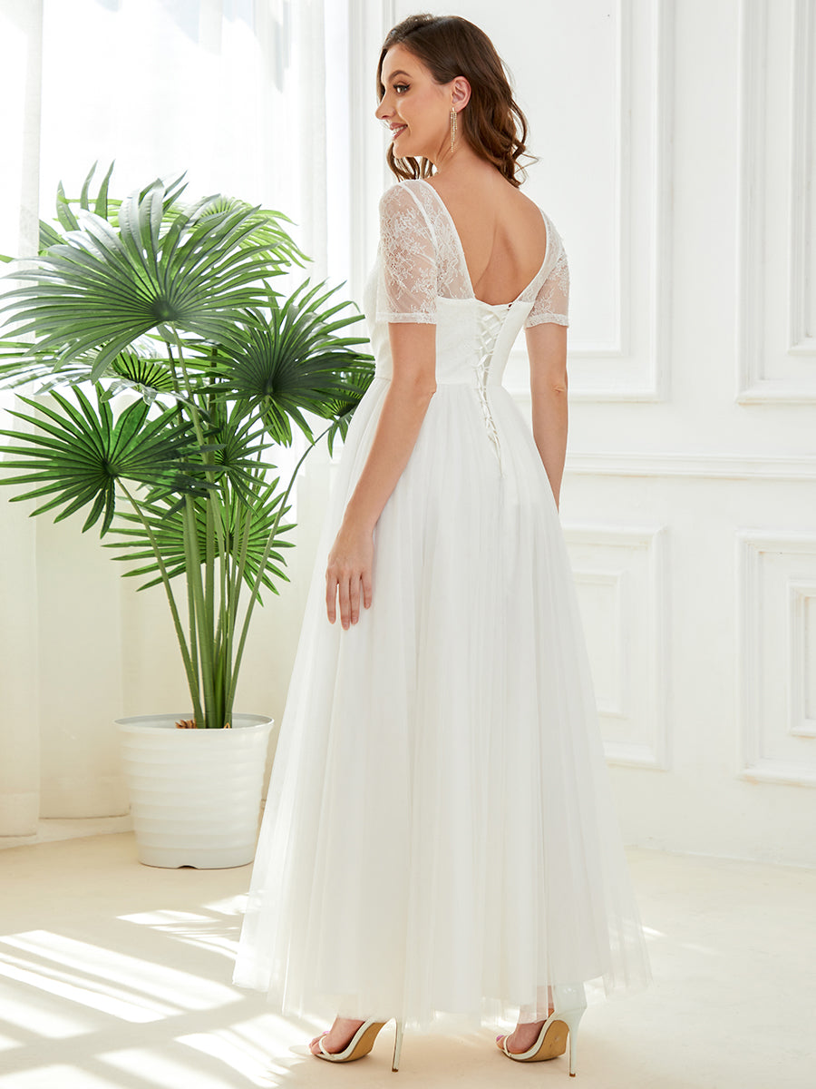 Robe de mariée A-ligne à lacets et corset à manches courtes #Couleur_Blanc Robe de mariée A-ligne à lacets et corset à manches courtes