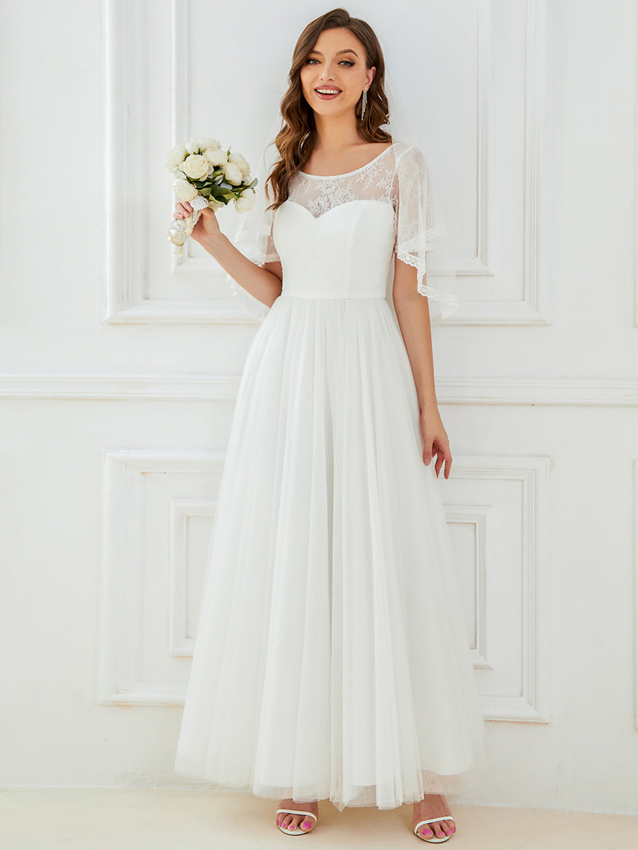 Robe de mariée A-ligne à lacets et corset à manches courtes #Couleur_Blanc Robe de mariée A-ligne à lacets et corset à manches courtes