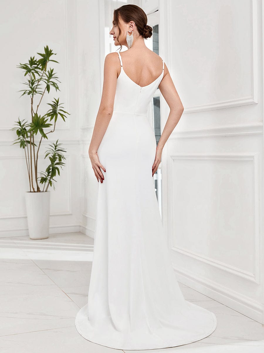 Robe de mariée fendue sur le devant en dentelle à col en V #Couleur_Blanc Robe de mariée fendue sur le devant en dentelle à col en V