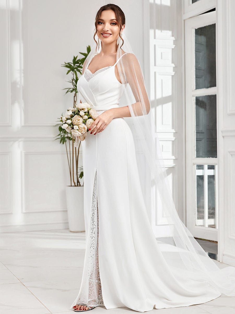 Robe de mariée fendue sur le devant en dentelle à col en V #Couleur_Blanc Robe de mariée fendue sur le devant en dentelle à col en V
