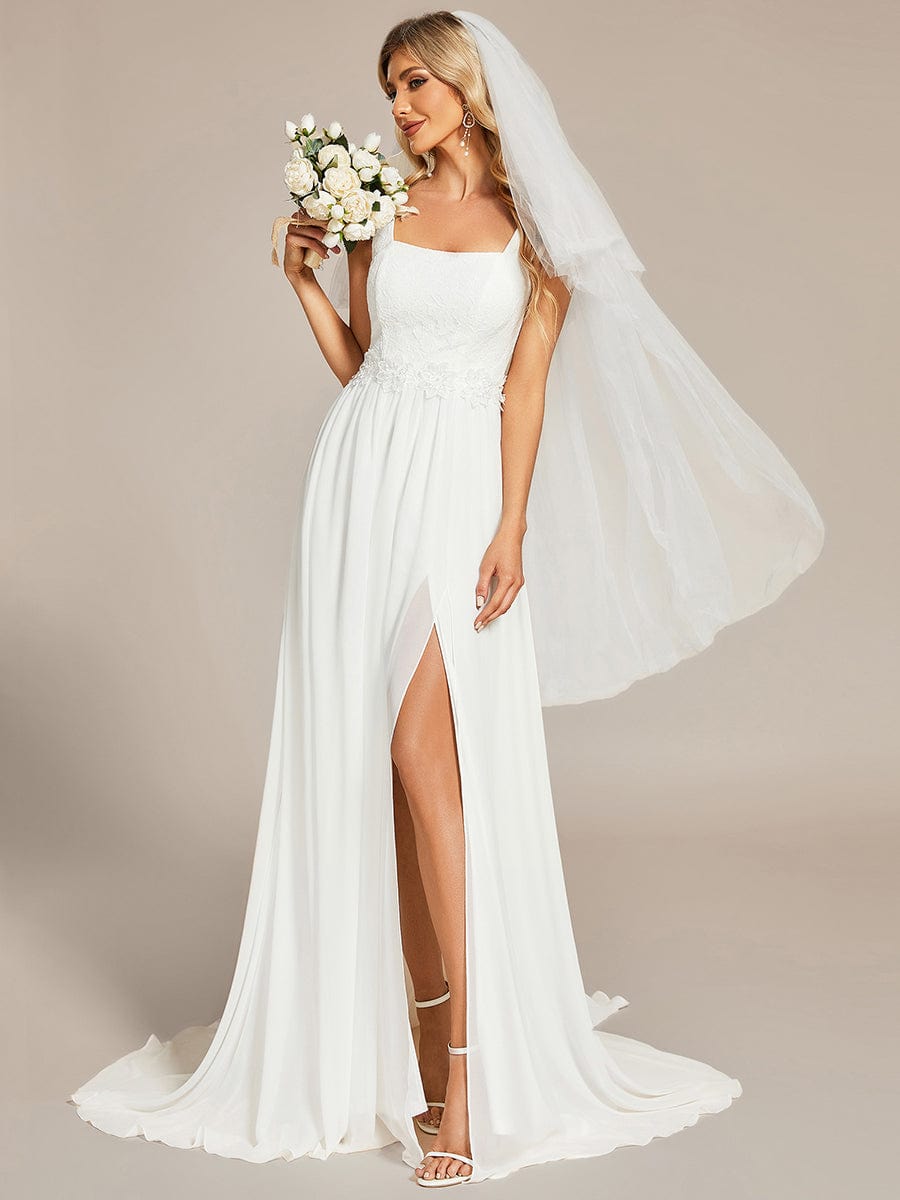 Robe de Mariée minimaliste en dentelle avec encolure carrée #Couleur_Blanc Robe de Mariée minimaliste en dentelle avec encolure carrée