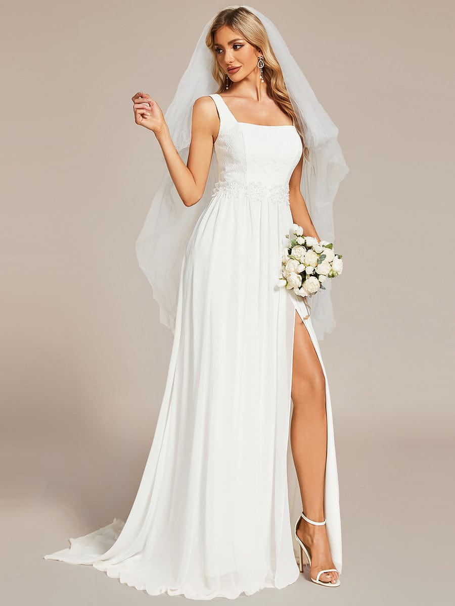 Robe de Mariée minimaliste en dentelle avec encolure carrée #Couleur_Blanc Robe de Mariée minimaliste en dentelle avec encolure carrée