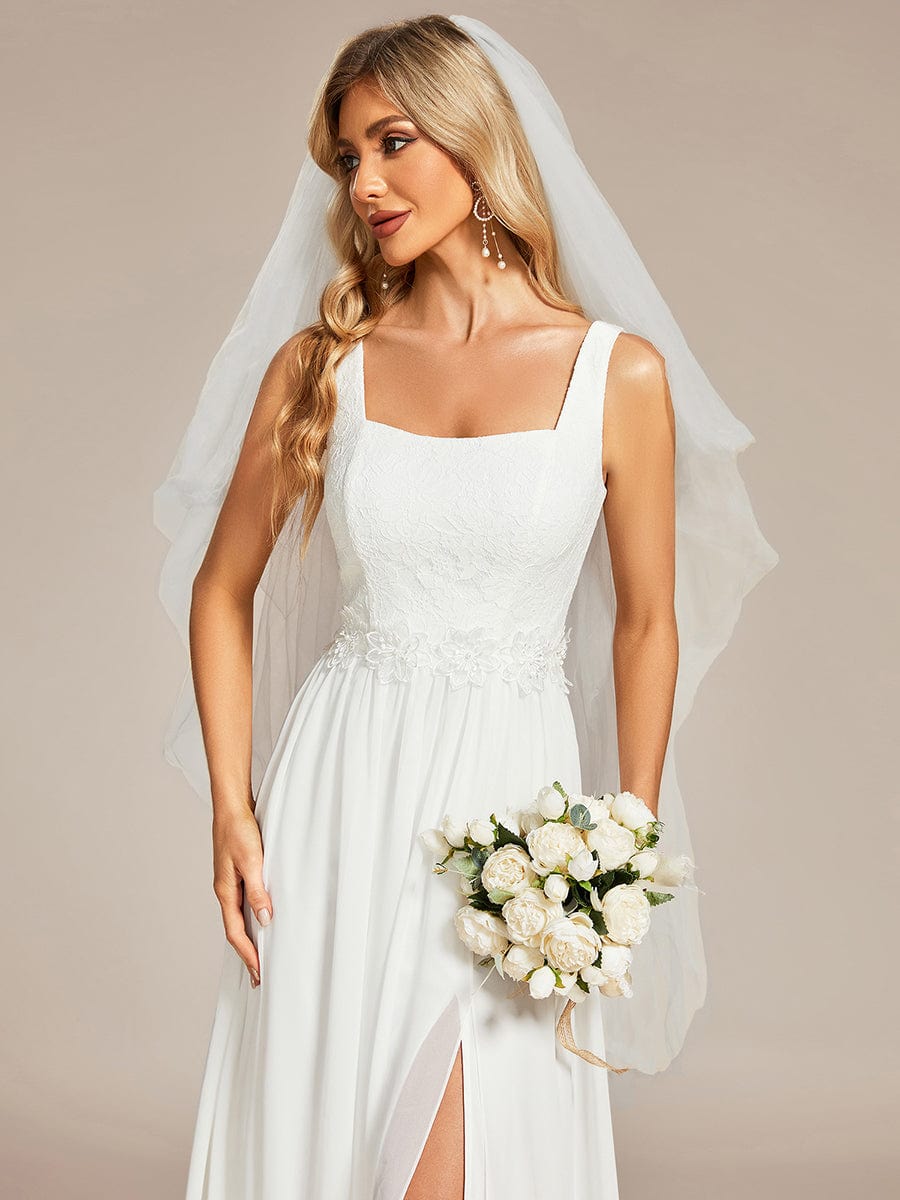 Robe de Mariée minimaliste en dentelle avec encolure carrée #Couleur_Blanc Robe de Mariée minimaliste en dentelle avec encolure carrée