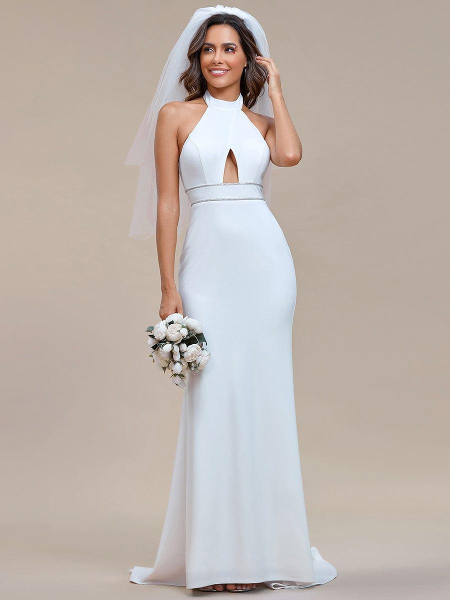 Robe de mariée sirène sans manches creuse à col licou #Couleur_Blanc Robe de mariée sirène sans manches creuse à col licou