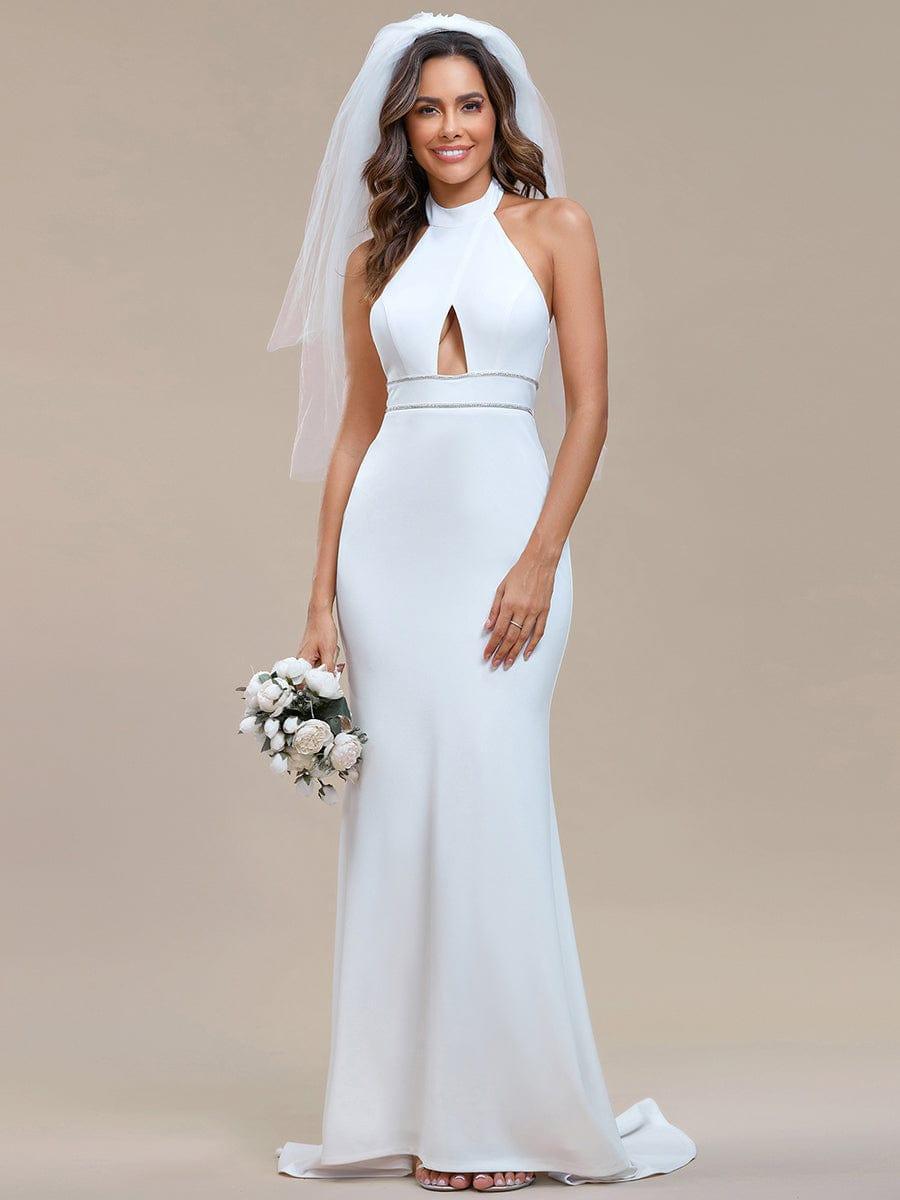 Robe de mariée sirène sans manches creuse à col licou #Couleur_Blanc Robe de mariée sirène sans manches creuse à col licou