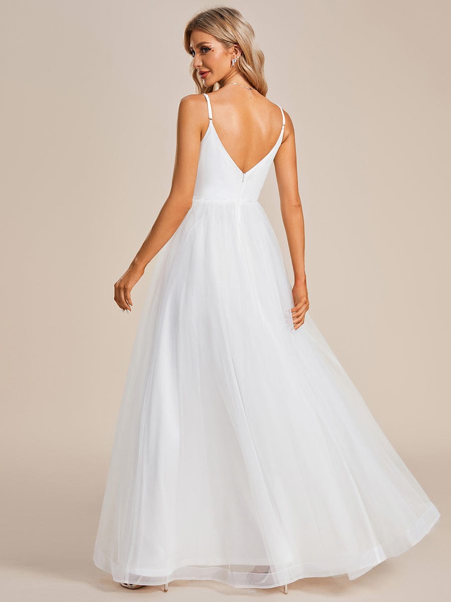 Robe de mariée Bretelles fines col en V taille appliques en tulle A-ligne #Couleur_Blanc Robe de mariée Bretelles fines col en V taille appliques en tulle A-ligne