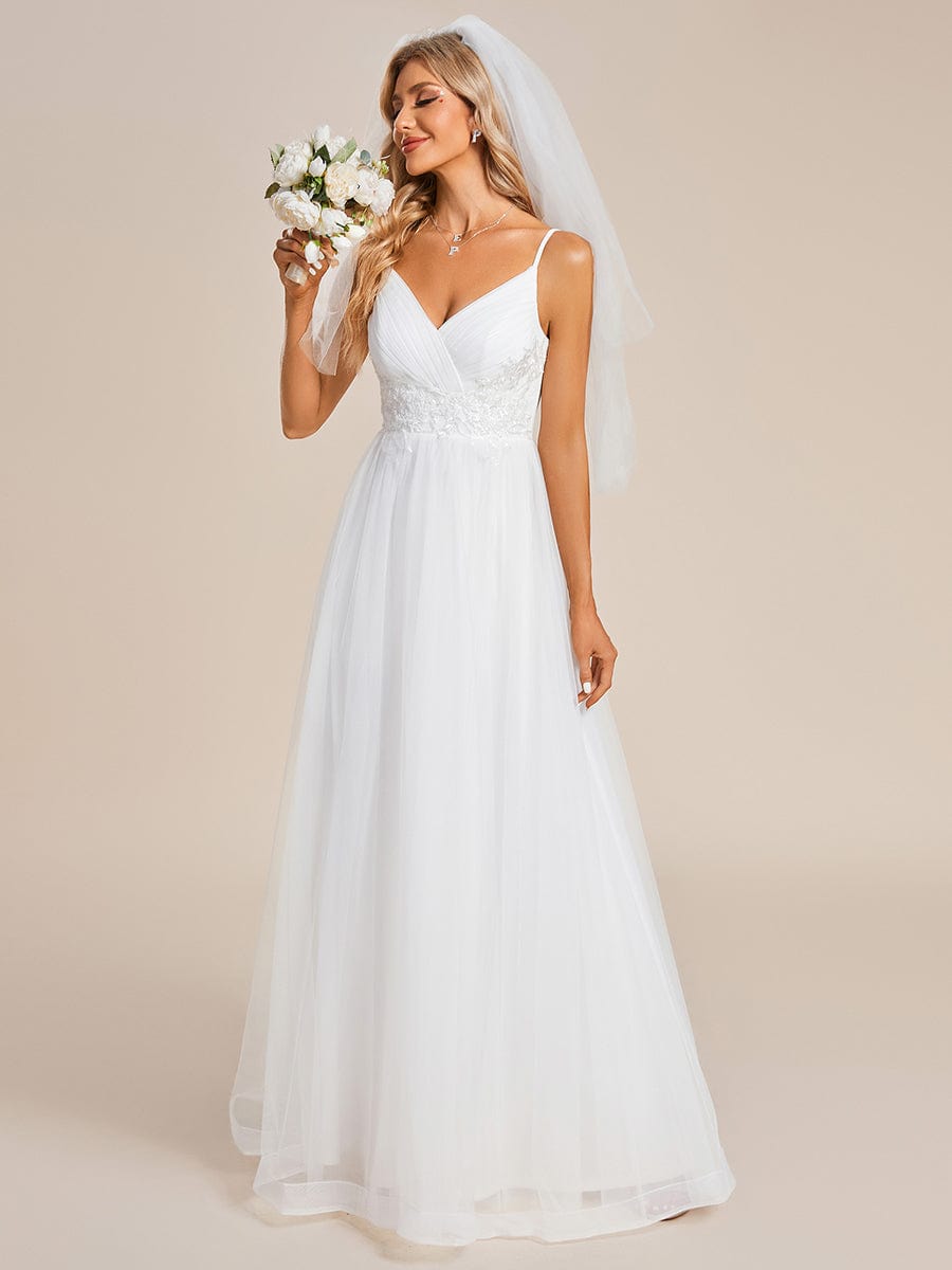 Robe de mariée Bretelles fines col en V taille appliques en tulle A-ligne #Couleur_Blanc Robe de mariée Bretelles fines col en V taille appliques en tulle A-ligne