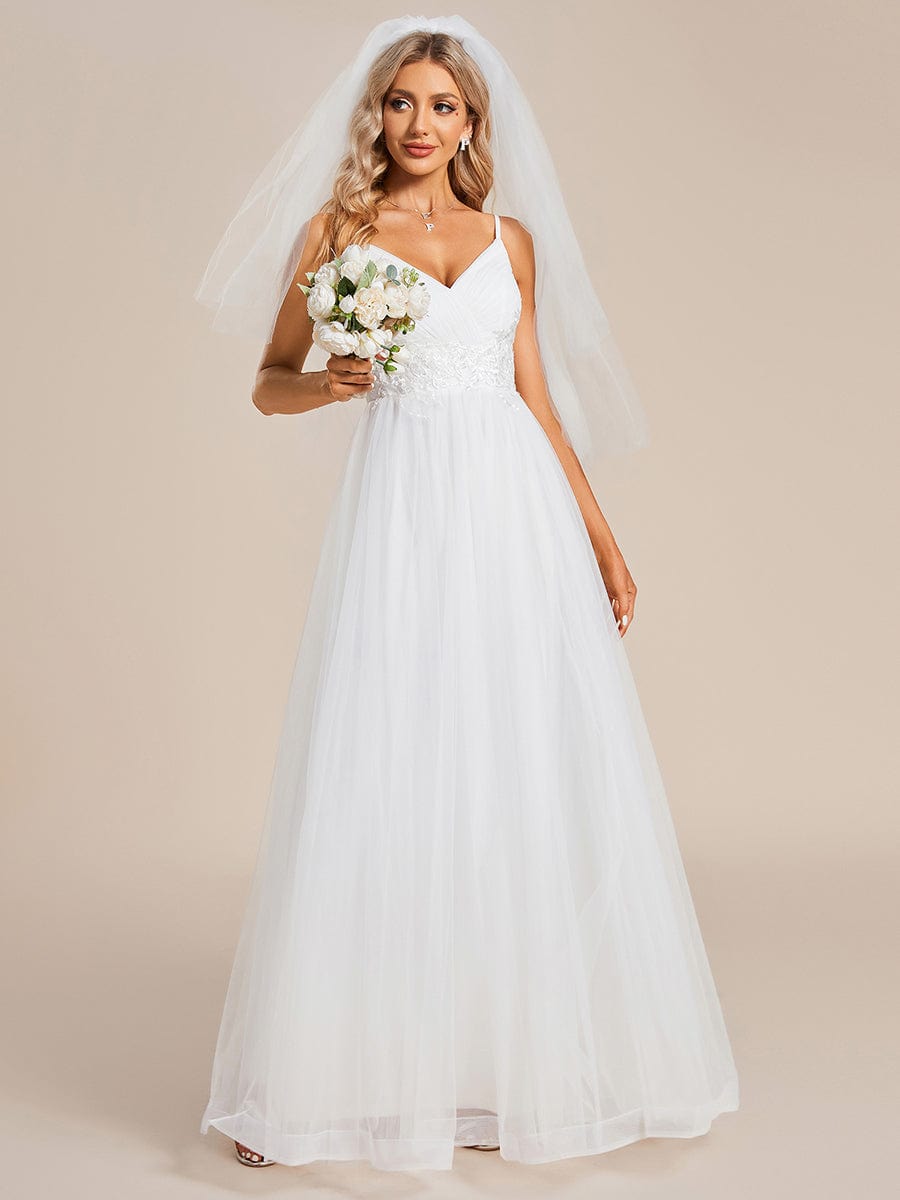 Robe de mariée Bretelles fines col en V taille appliques en tulle A-ligne #Couleur_Blanc Robe de mariée Bretelles fines col en V taille appliques en tulle A-ligne