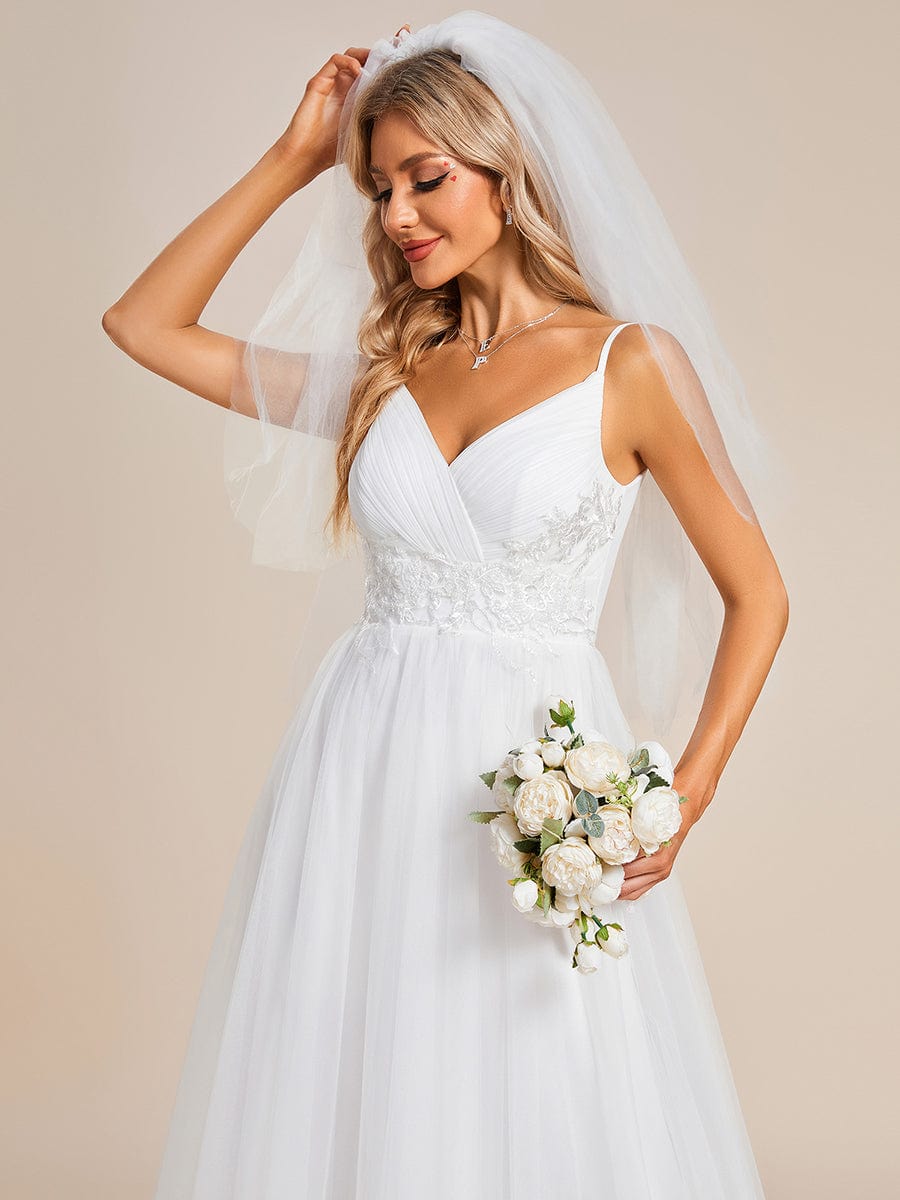 Robe de mariée Bretelles fines col en V taille appliques en tulle A-ligne #Couleur_Blanc Robe de mariée Bretelles fines col en V taille appliques en tulle A-ligne