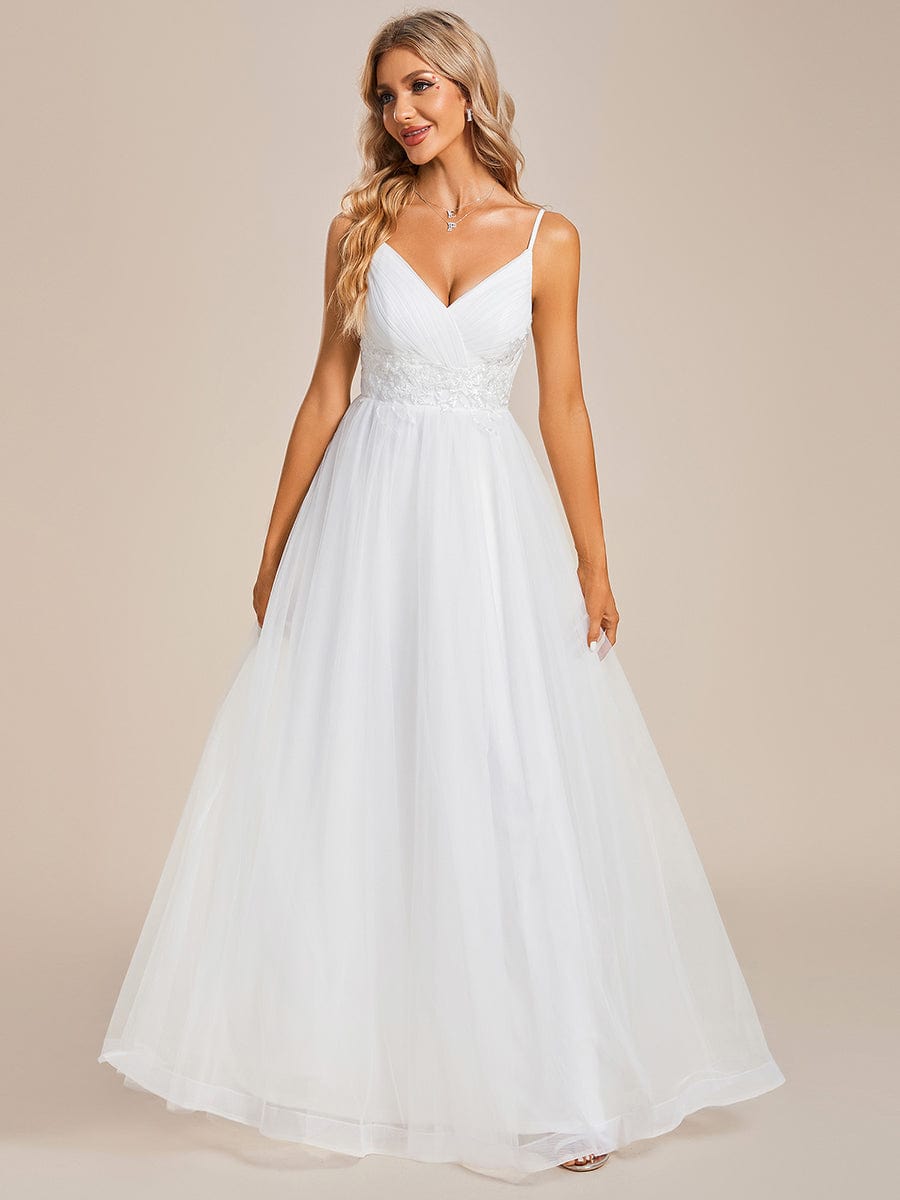 Robe de mariée Bretelles fines col en V taille appliques en tulle A-ligne #Couleur_Blanc Robe de mariée Bretelles fines col en V taille appliques en tulle A-ligne