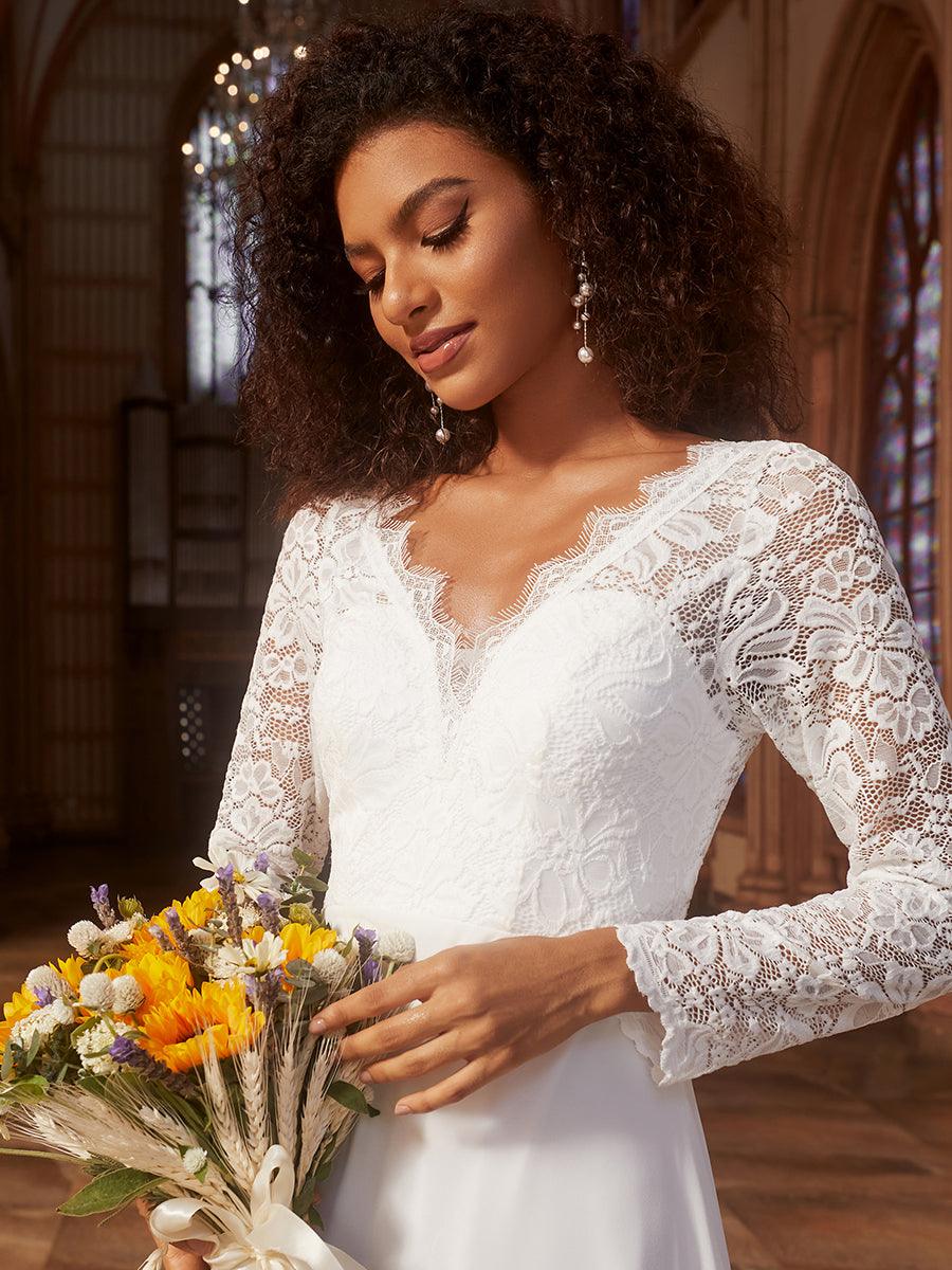 Robe de mariée sirène en mousseline de soie manches longues bord de cils moulante#Couleur_Blanc