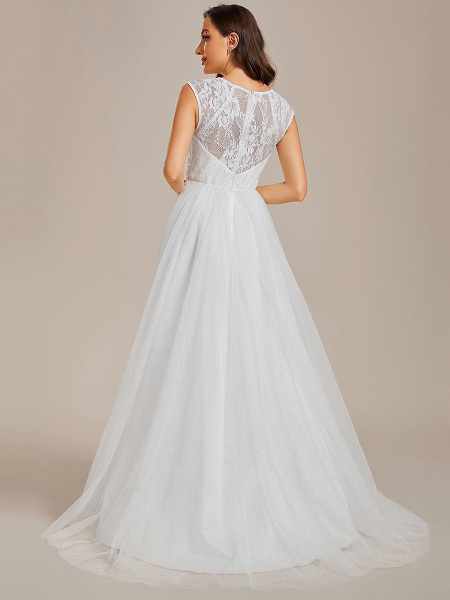 Robe de mariée trapèze romantique sans manches en dentelle transparente#Couleur_Blanc Robe de mariée trapèze romantique sans manches en dentelle transparente