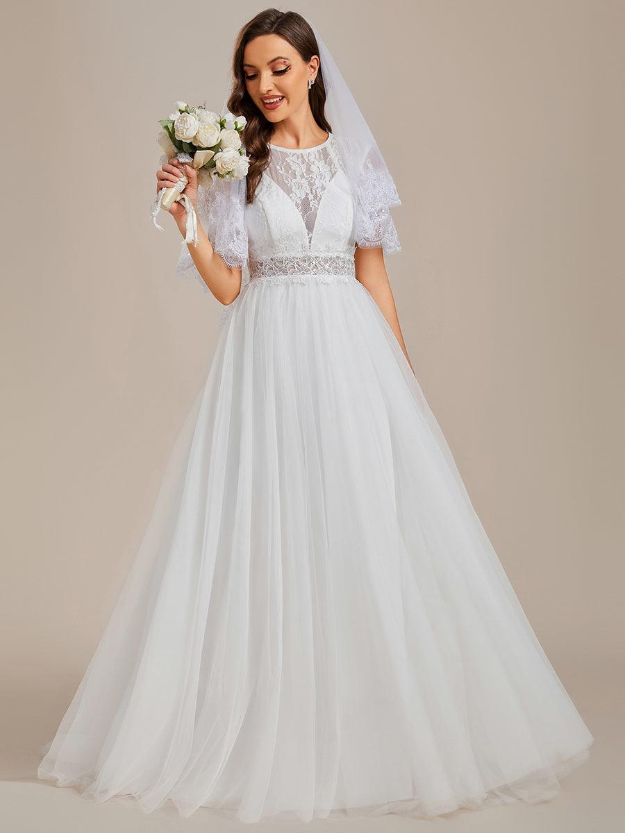 Robe de mariée trapèze romantique sans manches en dentelle transparente#Couleur_Blanc Robe de mariée trapèze romantique sans manches en dentelle transparente
