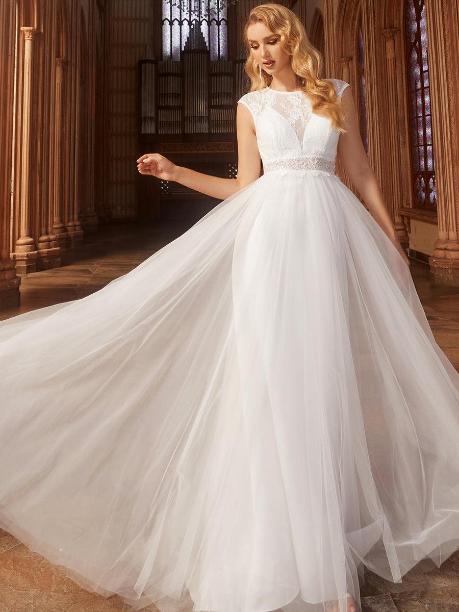 Robe de mariée trapèze romantique sans manches en dentelle transparente#Couleur_Blanc