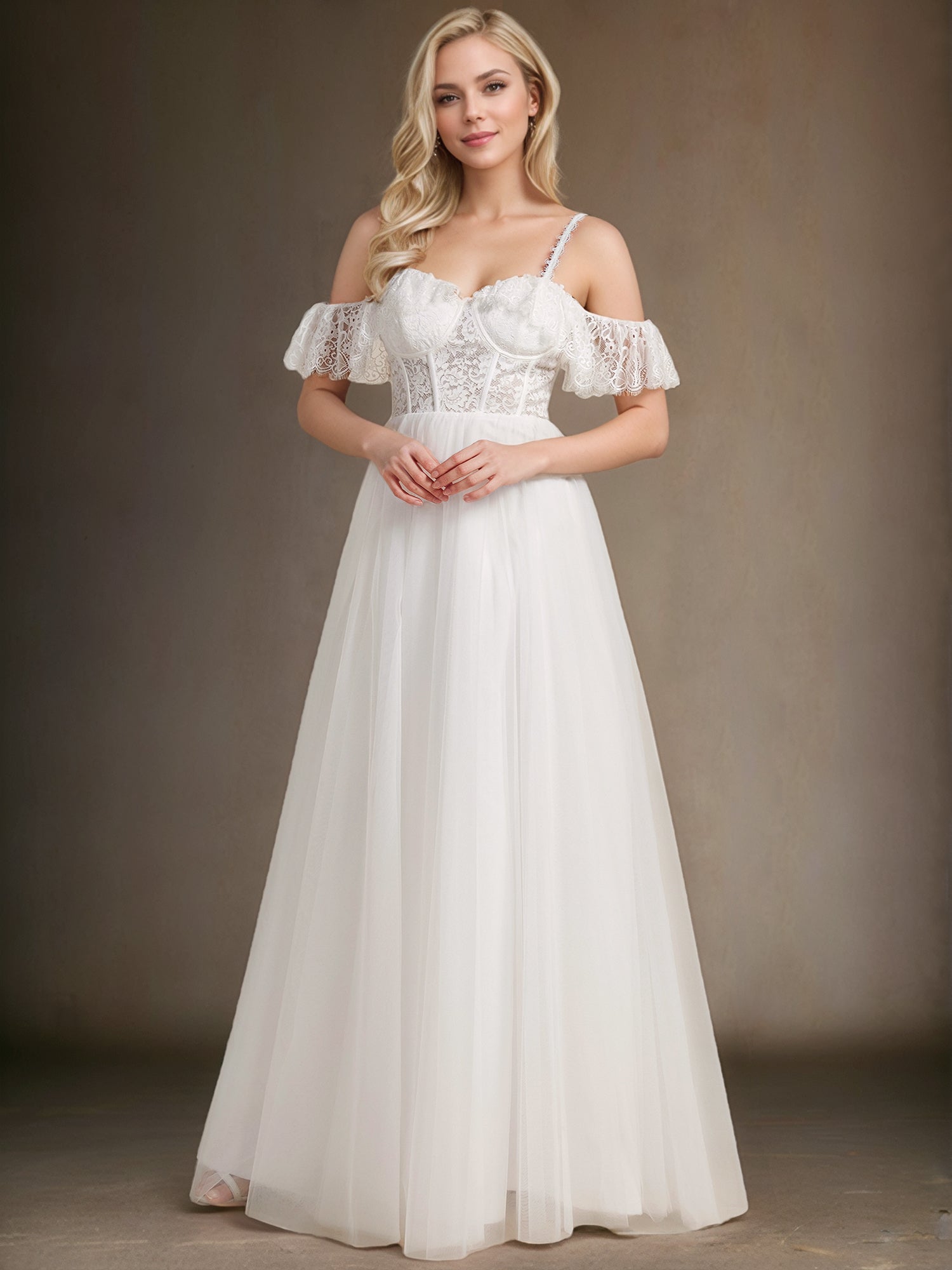 Robe de mariée romantique en dentelle transparente avec corsage et bretelles spaghetti à manches courtes en tulle#Couleur_Blanc