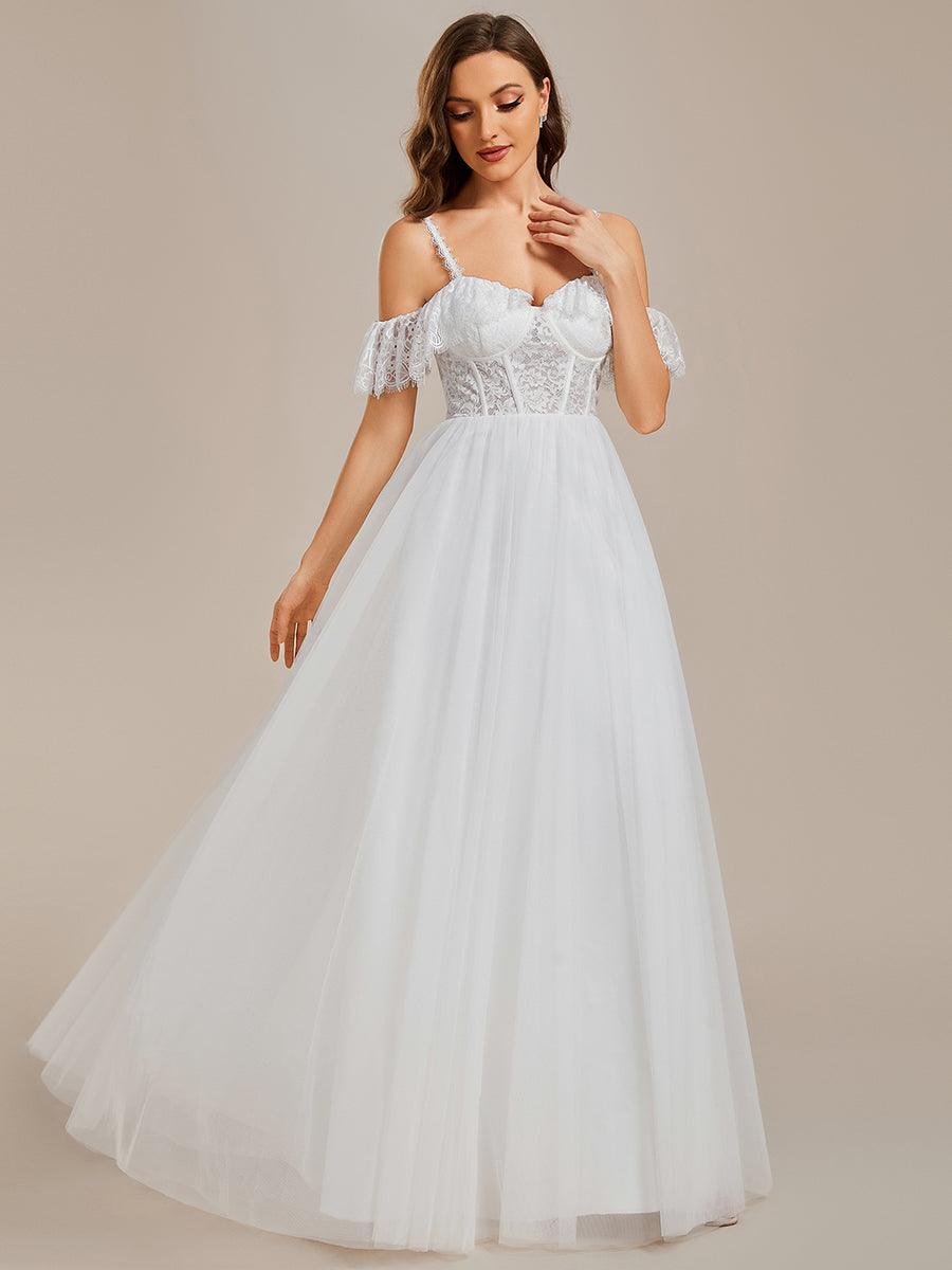 Robe de mariée romantique en dentelle transparente avec corsage et bretelles spaghetti à manches courtes en tulle#Couleur_Blanc