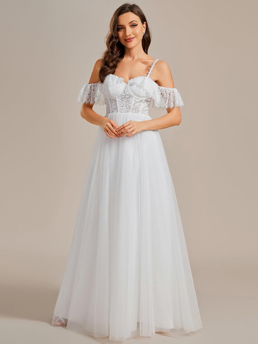 Robe de mariée romantique en dentelle transparente avec corsage et bretelles spaghetti à manches courtes en tulle#Couleur_Blanc Robe de mariée romantique en dentelle transparente avec corsage et bretelles spaghetti à manches courtes en tulle